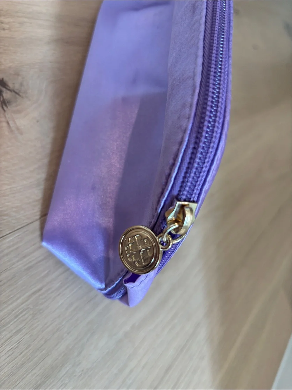 Tatcha Lavender Satin Cosmetic Case with Gold Logo